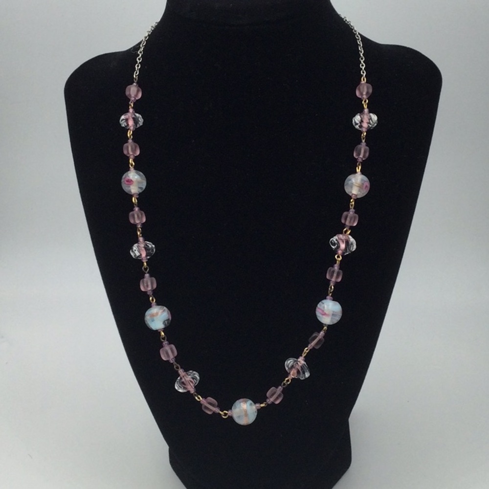 Glass Beaded Necklace 20” Vintage Blue & Lavender Glass Necklace Pastels